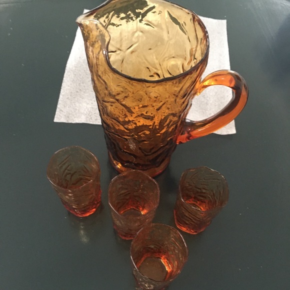Seneca Amber glass pitcher and 4 juice glasses